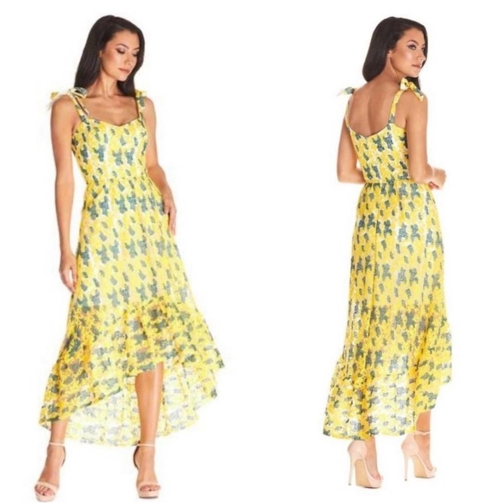 Dress the Population Wren Dress (Yellow Floral High-Low Midi Dress) Size Large